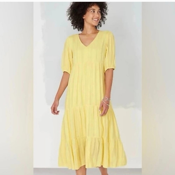 J. Jill Dresses & Skirts - J. Jill Women's Large Yellow Pineapple Jacquard Tiered V Neck Cotton Rayon Dress